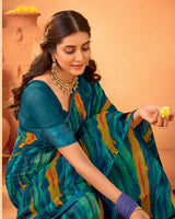 Vishal Prints Regal Blue Printed Georgette Saree With Satin Piping