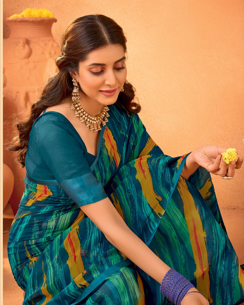 Vishal Prints Regal Blue Printed Georgette Saree With Satin Piping