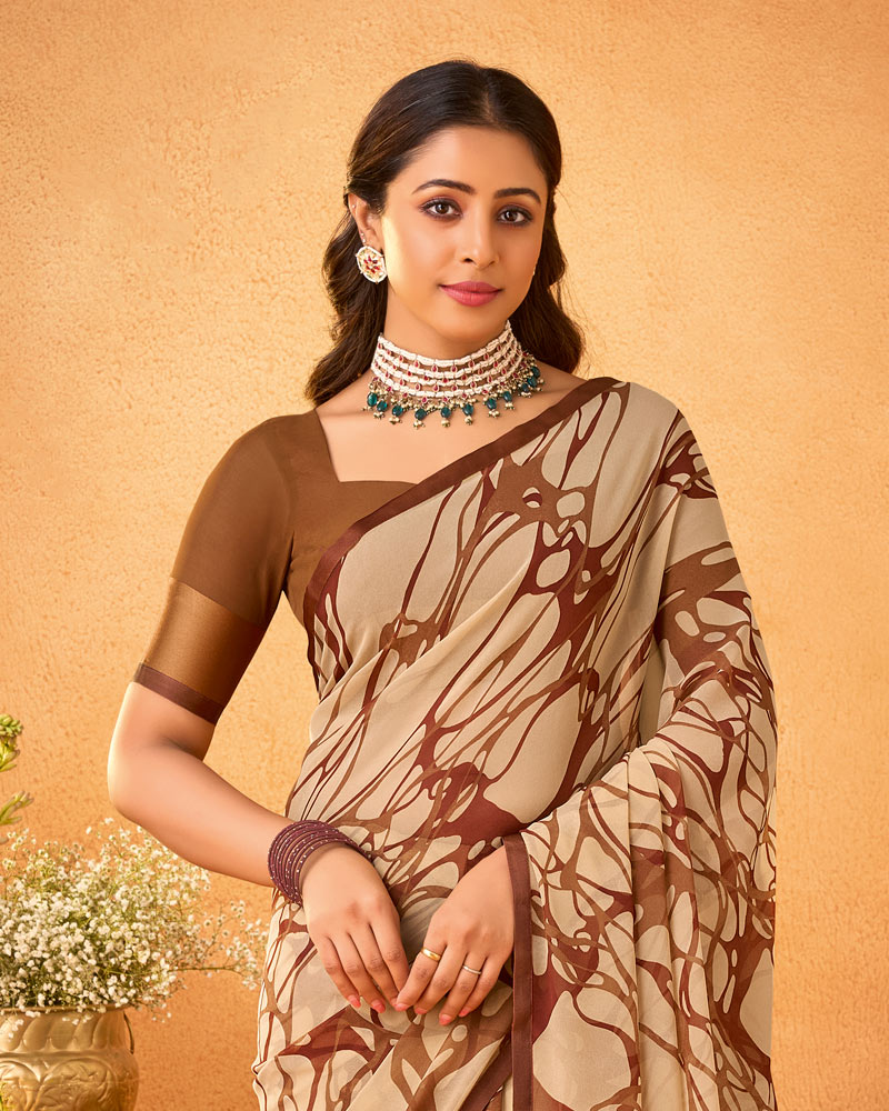 Vishal Prints Light Fawn Printed Georgette Saree With Satin Piping