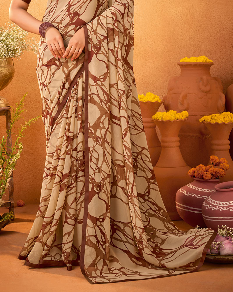 Vishal Prints Light Fawn Printed Georgette Saree With Satin Piping