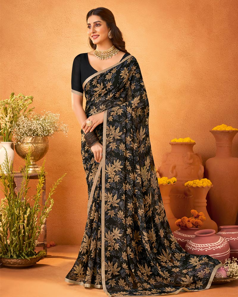 Vishal Prints Jet Black Printed Georgette Saree With Satin Piping
