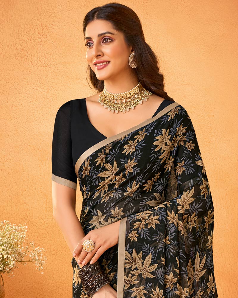 Vishal Prints Jet Black Printed Georgette Saree With Satin Piping