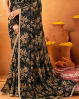 Vishal Prints Jet Black Printed Georgette Saree With Satin Piping