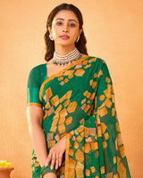 Vishal Prints Forest Green Printed Georgette Saree With Satin Piping
