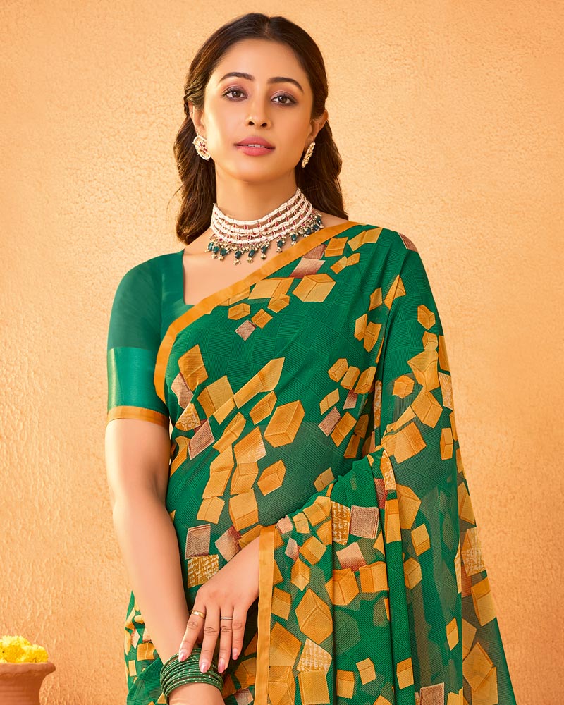 Vishal Prints Forest Green Printed Georgette Saree With Satin Piping