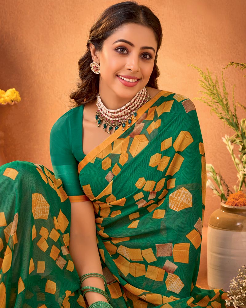 Vishal Prints Forest Green Printed Georgette Saree With Satin Piping