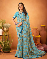 Vishal Prints Glacier Blue Printed Georgette Saree With Satin Piping