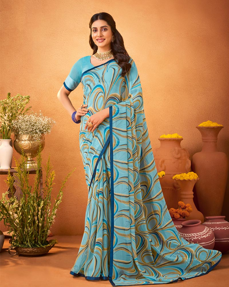 Vishal Prints Glacier Blue Printed Georgette Saree With Satin Piping