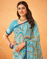 Vishal Prints Glacier Blue Printed Georgette Saree With Satin Piping