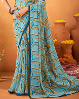 Vishal Prints Glacier Blue Printed Georgette Saree With Satin Piping