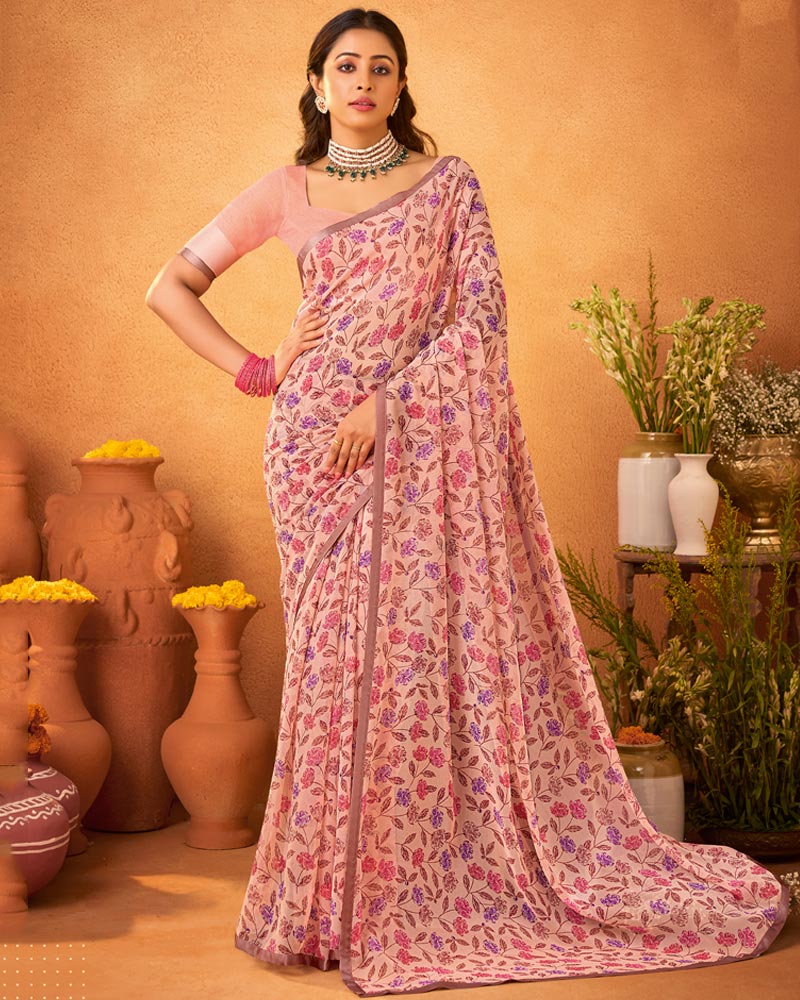 Vishal Prints Light Salmon Orange Printed Georgette Saree With Satin Piping