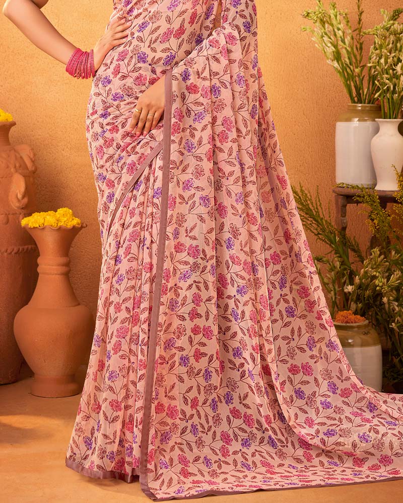 Vishal Prints Light Salmon Orange Printed Georgette Saree With Satin Piping