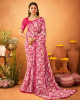 Vishal Prints Flamingo Pink Printed Georgette Saree With Satin Piping