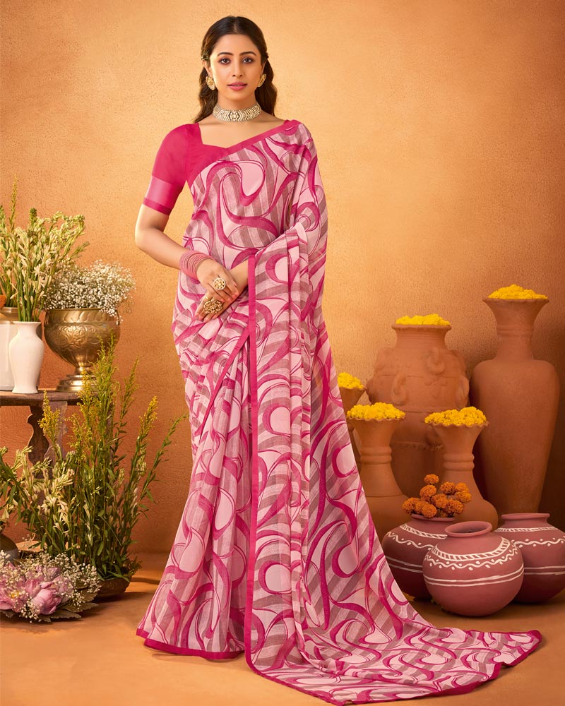 Vishal Prints Flamingo Pink Printed Georgette Saree With Satin Piping