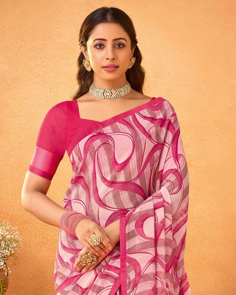 Vishal Prints Flamingo Pink Printed Georgette Saree With Satin Piping