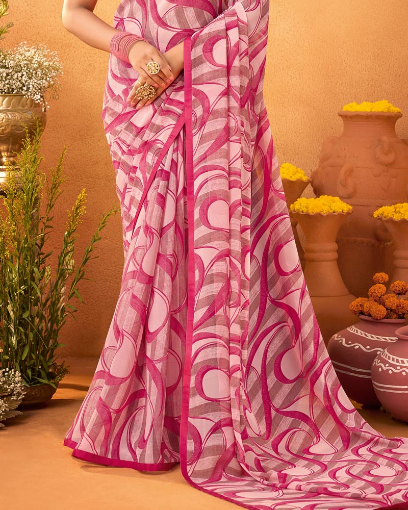 Vishal Prints Flamingo Pink Printed Georgette Saree With Satin Piping