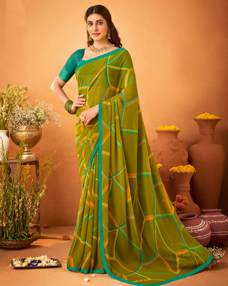 Vishal Prints Dark Olive Yellow Printed Georgette Saree With Satin Piping