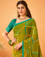 Vishal Prints Dark Olive Yellow Printed Georgette Saree With Satin Piping