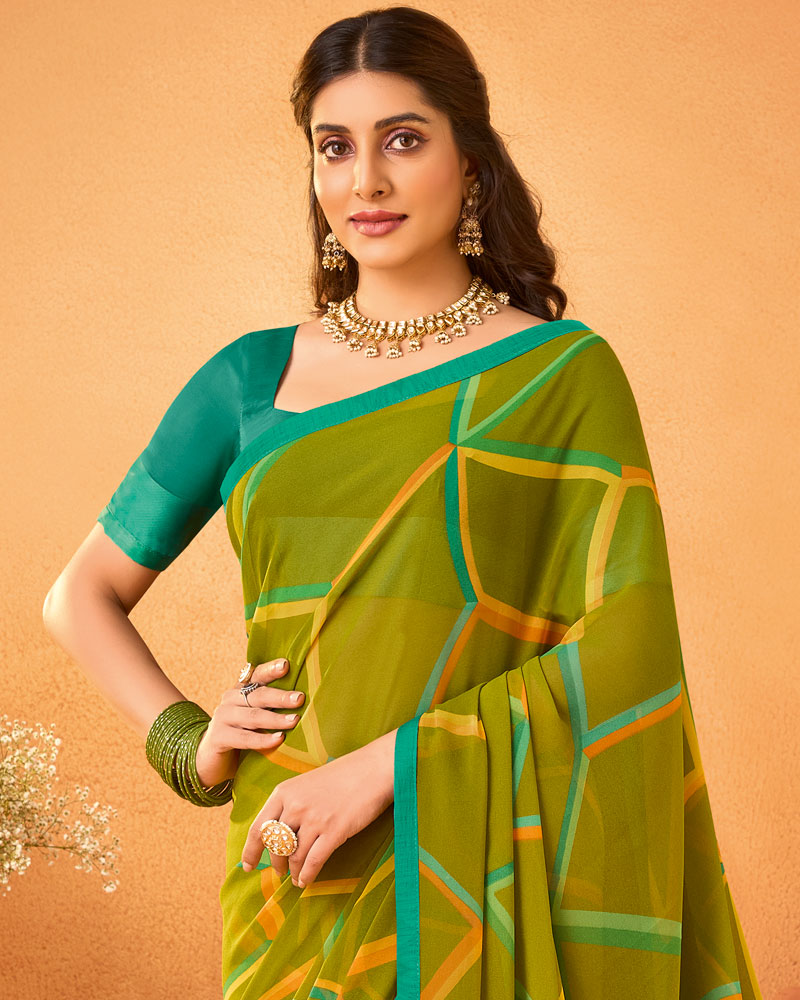 Vishal Prints Dark Olive Yellow Printed Georgette Saree With Satin Piping