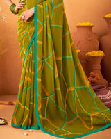 Vishal Prints Dark Olive Yellow Printed Georgette Saree With Satin Piping