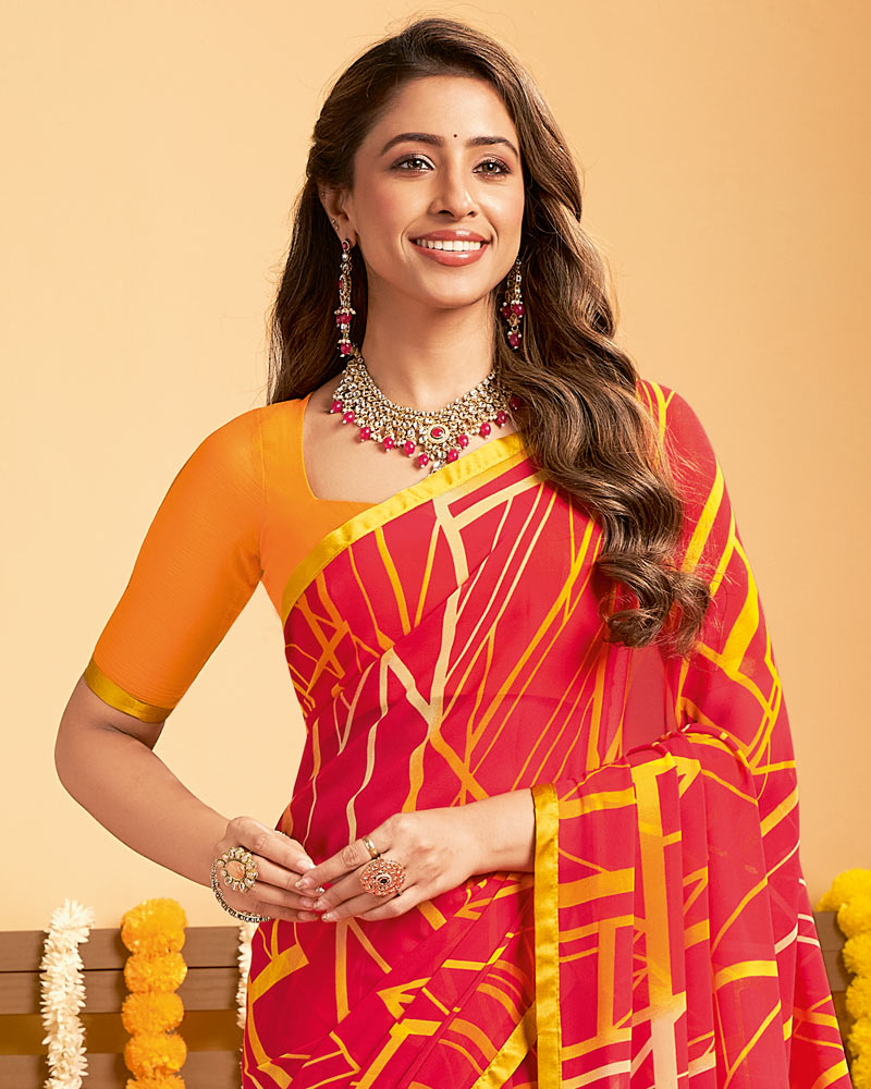 Vishal Prints Pinkish Red Printed Georgette Saree With Satin Piping