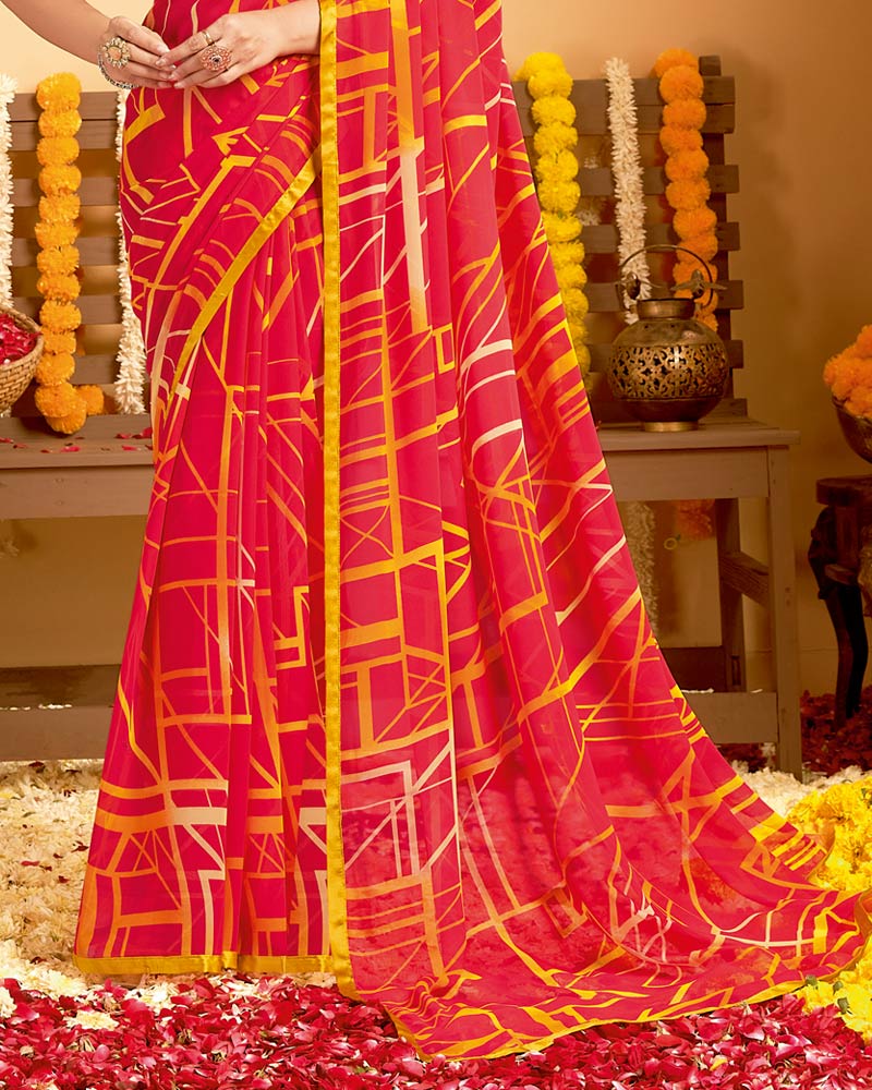 Vishal Prints Pinkish Red Printed Georgette Saree With Satin Piping