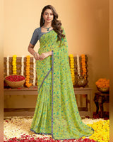 Vishal Prints Light Olive Green Printed Georgette Saree With Satin Piping