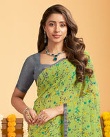 Vishal Prints Light Olive Green Printed Georgette Saree With Satin Piping