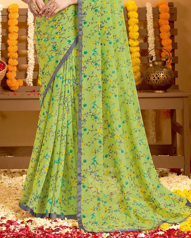 Vishal Prints Light Olive Green Printed Georgette Saree With Satin Piping