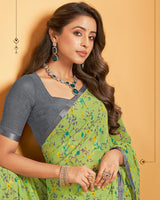 Vishal Prints Light Olive Green Printed Georgette Saree With Satin Piping