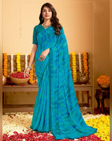 Vishal Prints Pacific Blue Printed Georgette Saree With Satin Piping