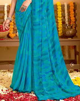 Vishal Prints Pacific Blue Printed Georgette Saree With Satin Piping