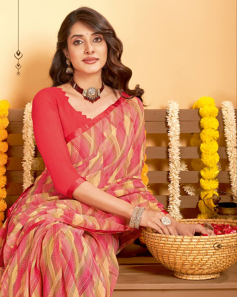 Vishal Prints Peachy Pink Printed Georgette Saree With Satin Piping