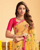 Vishal Prints Tulip Yellow Printed Georgette Saree With Satin Piping