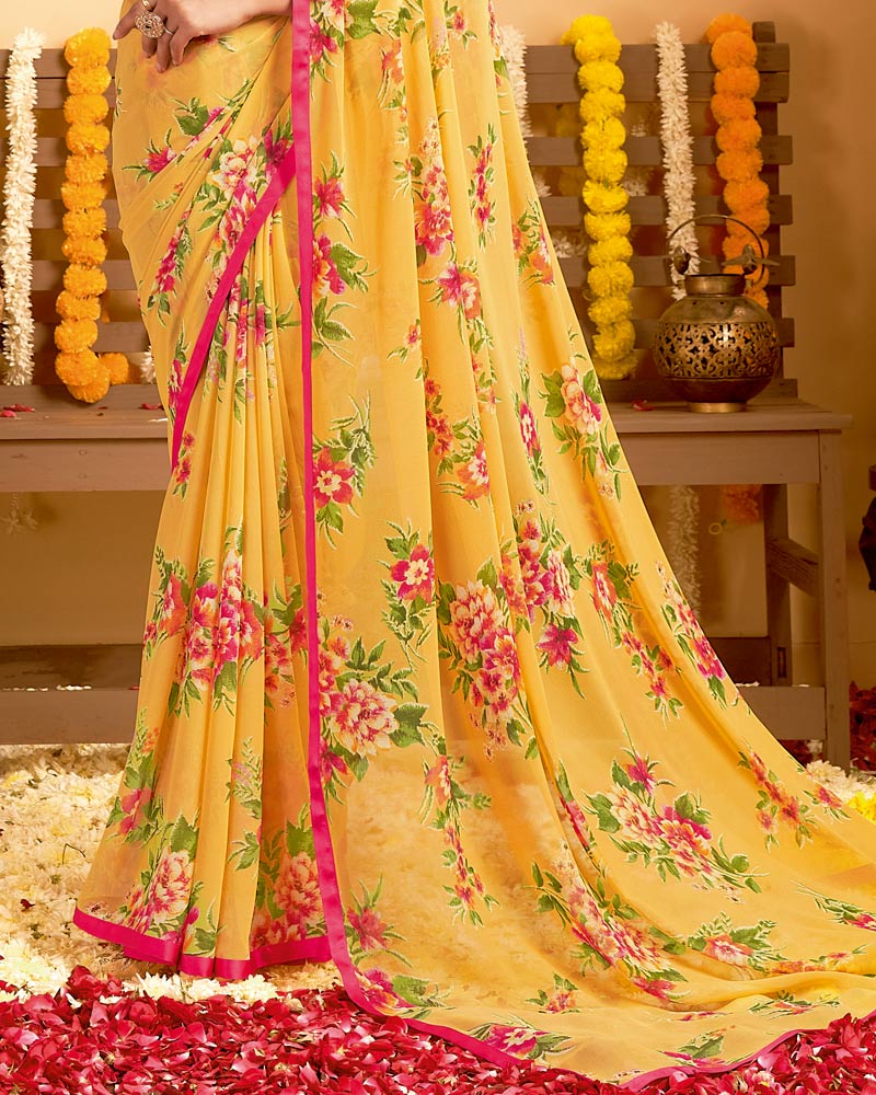 Vishal Prints Tulip Yellow Printed Georgette Saree With Satin Piping