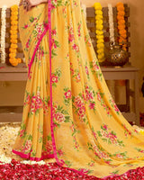 Vishal Prints Tulip Yellow Printed Georgette Saree With Satin Piping