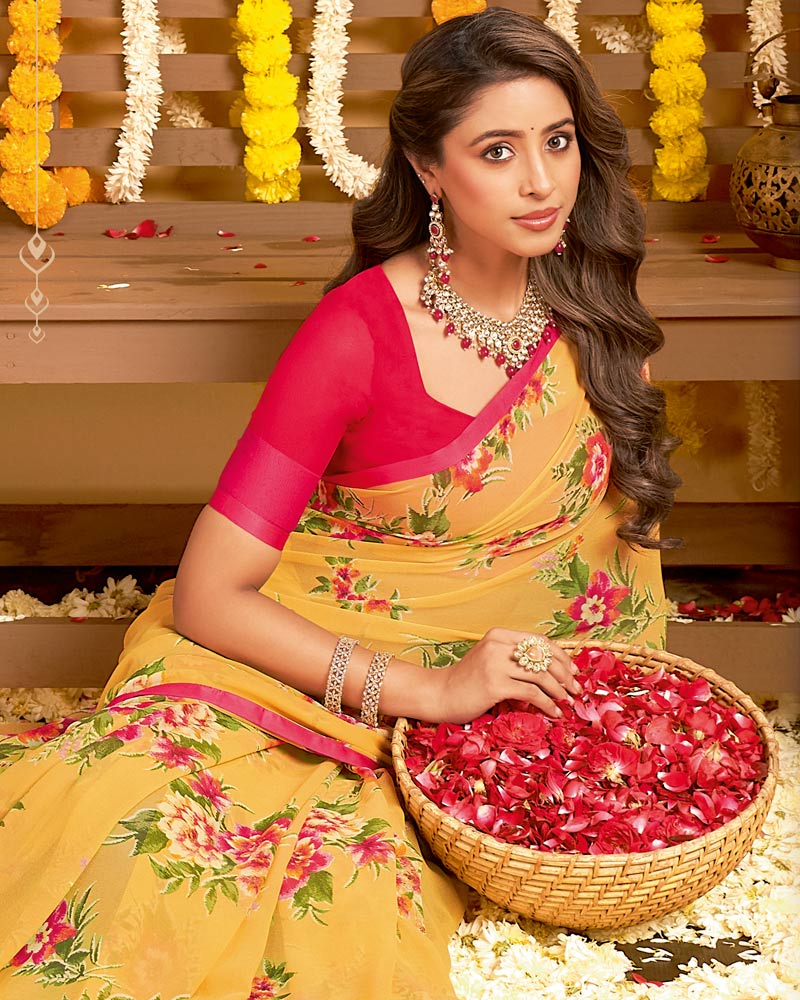 Vishal Prints Tulip Yellow Printed Georgette Saree With Satin Piping