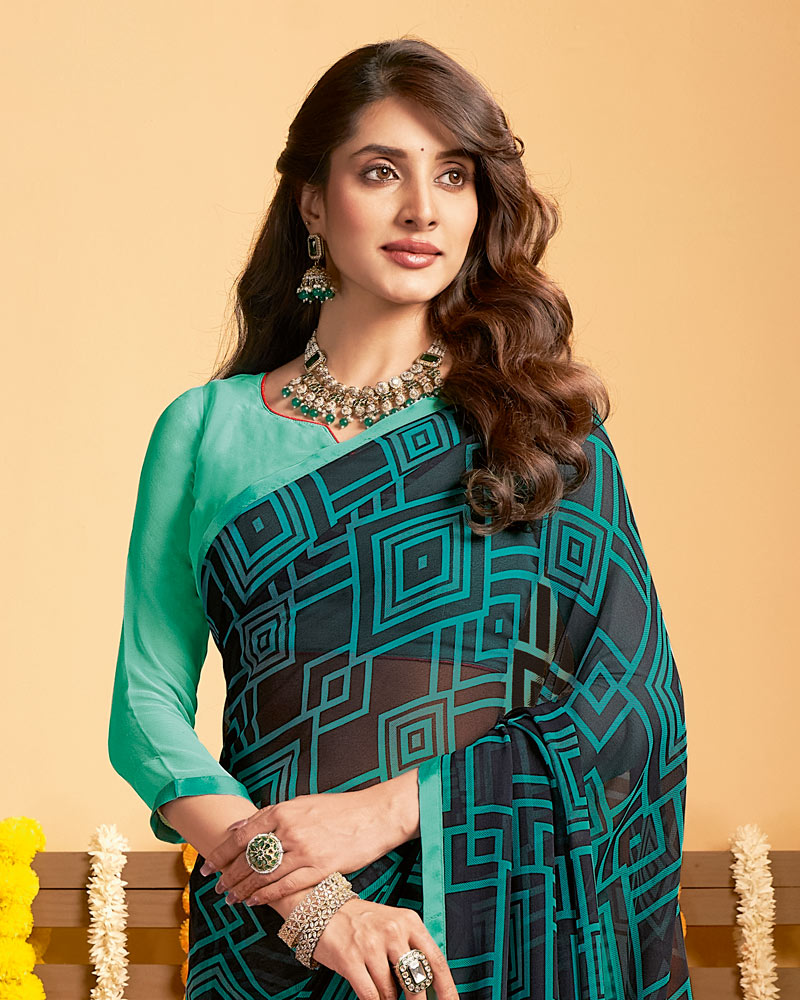 Vishal Prints Midnight Black Printed Georgette Saree With Satin Piping