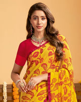 Vishal Prints Squash Yellow Printed Georgette Saree With Satin Piping