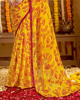 Vishal Prints Squash Yellow Printed Georgette Saree With Satin Piping