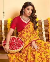 Vishal Prints Squash Yellow Printed Georgette Saree With Satin Piping