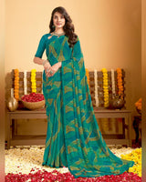 Vishal Prints Dark Aqua Green Printed Georgette Saree With Satin Piping