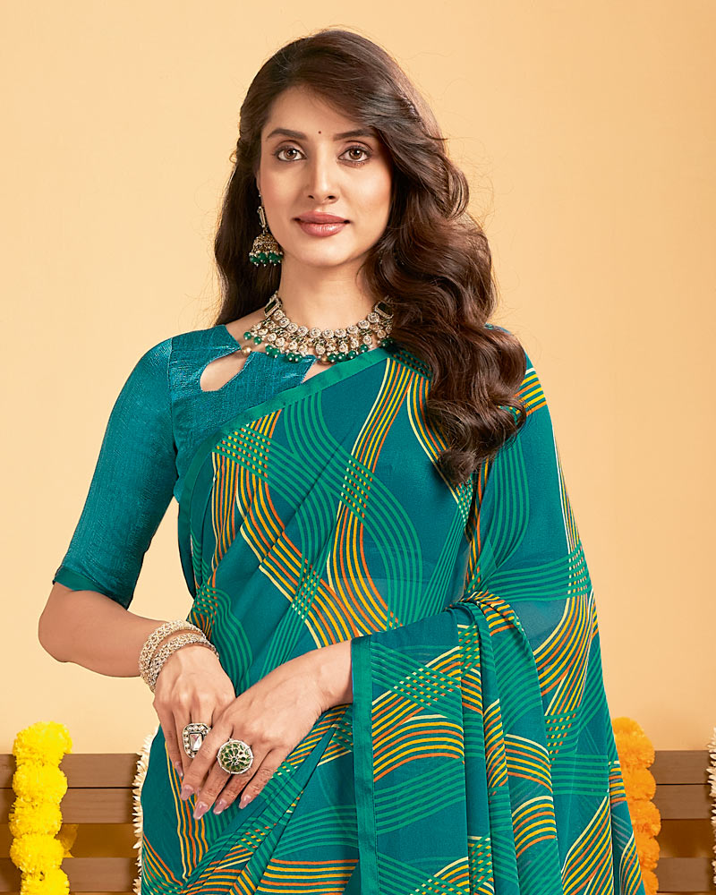 Vishal Prints Dark Aqua Green Printed Georgette Saree With Satin Piping
