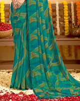 Vishal Prints Dark Aqua Green Printed Georgette Saree With Satin Piping