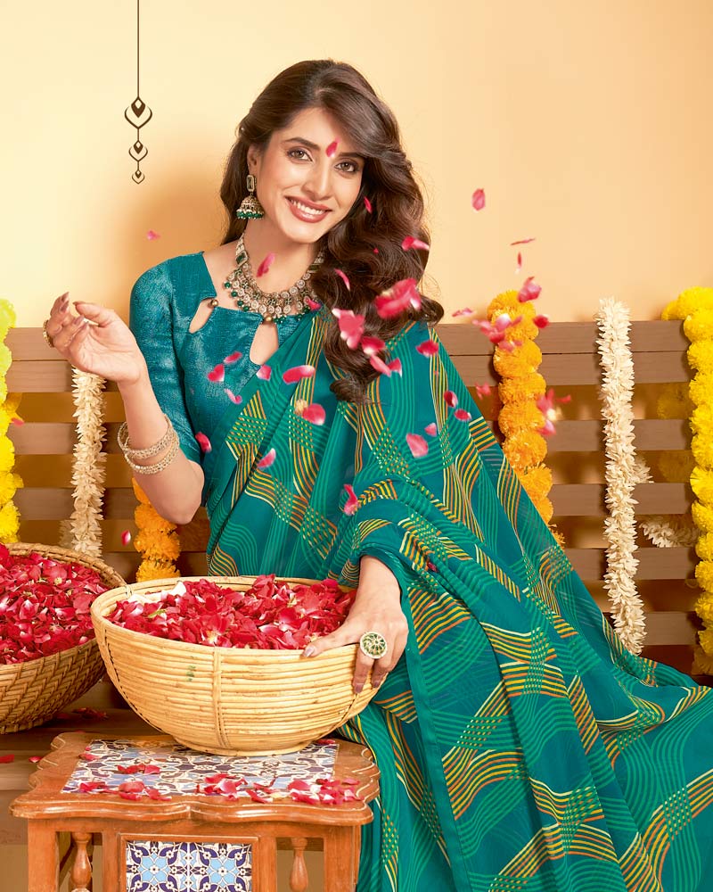 Vishal Prints Dark Aqua Green Printed Georgette Saree With Satin Piping