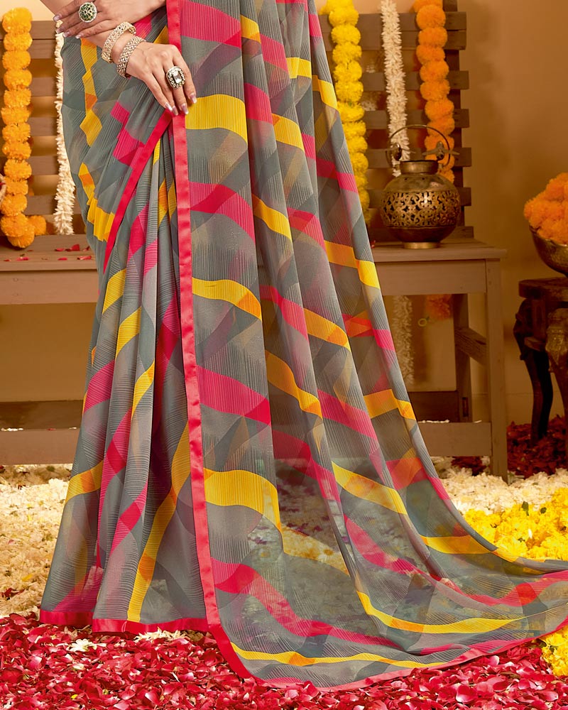 Vishal Prints Brown Grey Printed Georgette Saree With Satin Piping