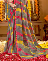 Vishal Prints Brown Grey Printed Georgette Saree With Satin Piping