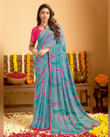 Vishal Prints Dusty Blue Printed Georgette Saree With Satin Piping