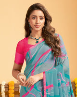 Vishal Prints Dusty Blue Printed Georgette Saree With Satin Piping