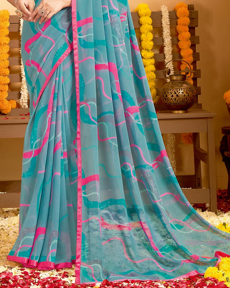 Vishal Prints Dusty Blue Printed Georgette Saree With Satin Piping